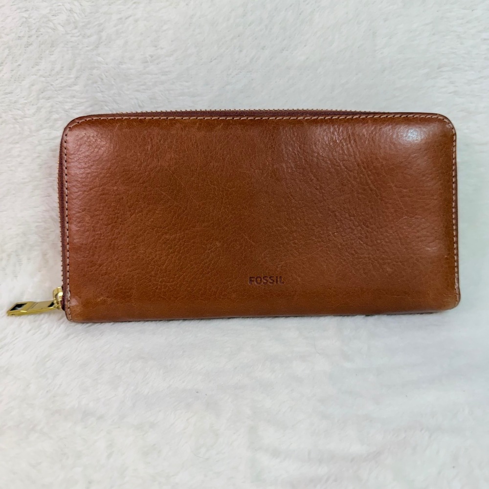 Fossil Vintage Logan Zip Around Clutch Wallet Brown Leather‎ Organizer